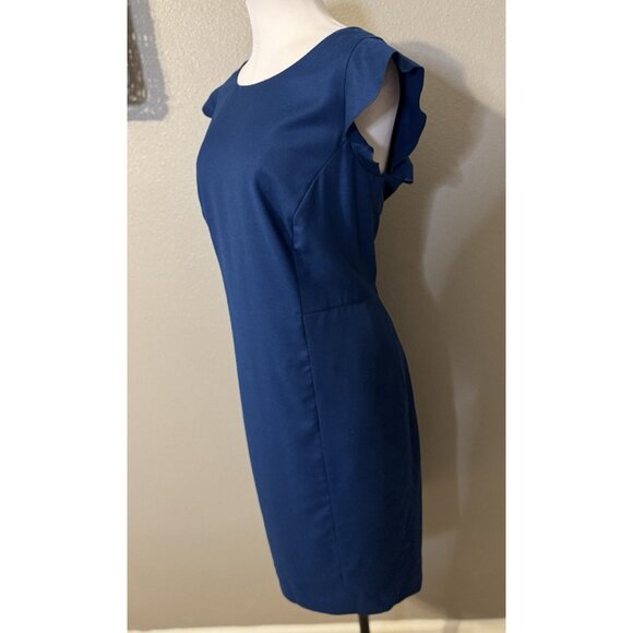 Talbots Sheath Dress 14P Blue Italian Flannel Short Ruffle Sleeve Career Church - Picture 4 of 13